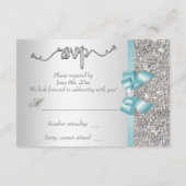 偽ターコイズリボン シルバーグリッター 挙式出欠確認 出欠カード (裏面)