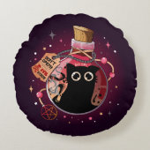 偽ピンクボトル邪悪な猫のスピリットハロウィーン ラウンドクッション (正面)