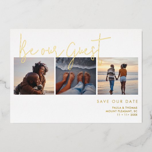 偽ミニマルエレガント金ゴールド効果3枚結婚の 箔招待状 (正面)