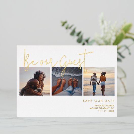 偽ミニマルエレガント金ゴールド効果3枚結婚の 箔招待状 (立ち正面)