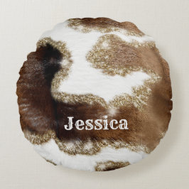 偽モダンモノグラムの銀付き牛革パターン ラウンドクッション