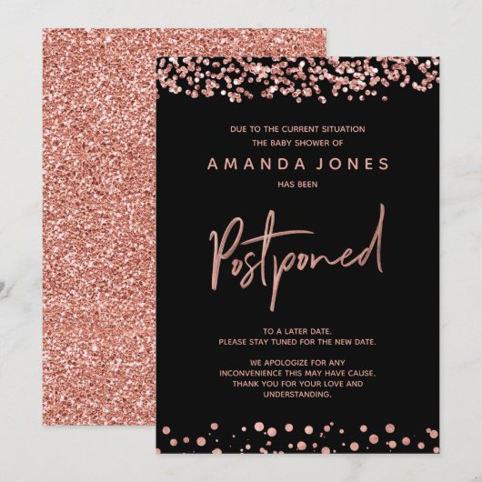 偽ローズゴールド延期ベビーシャワー発表 招待状 (正面/裏面)