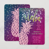 偽物のグリッター ピンクのパイナップル 夏の誕生日 招待状 (正面/裏面)