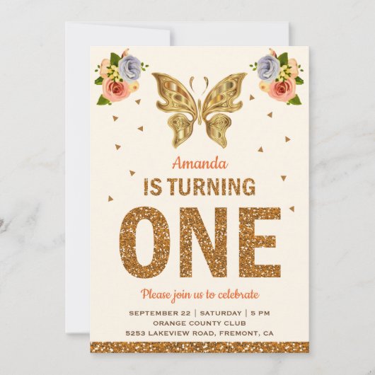 偽物のゴールドの花と蝶の1歳の誕生日パーティー 招待状 (正面)