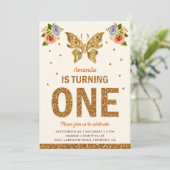 偽物のゴールドの花と蝶の1歳の誕生日パーティー 招待状 (スタンド正面)