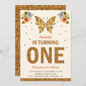 偽物のゴールドの花と蝶の1歳の誕生日パーティー 招待状 (正面/裏面)
