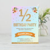 偽物のゴールドグリッターの花のハーフバースデーパーティー 招待状 (スタンド正面)