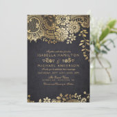 偽物のゴールドブラックエレガントヴィンテージラ lace 結婚式 招待状 (スタンド正面)