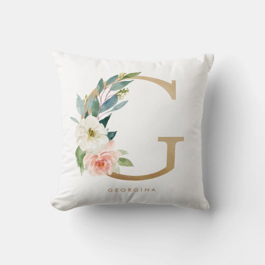 偽物のゴールド箔の花模様のイニシャルG クッション (正面)