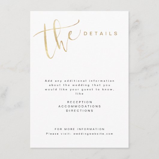 偽物のゴールド モダン シンプル スクリプト ウェディングの詳細 エンクロージャーカード (正面)