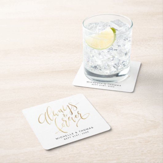 偽物のゴールド モダン シンプル 常にそして永遠に スクリプト スクエアペーパーコースター (インサイチュ)
