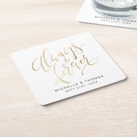 偽物のゴールド モダン シンプル 常にそして永遠に スクリプト スクエアペーパーコースター (アングル)