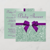 偽物のミント シークイン パープル リボン ベビー シャワー 招待状 (正面/裏面)