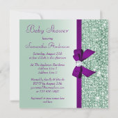 偽物のミント シークイン パープル リボン ベビー シャワー 招待状 (裏面)