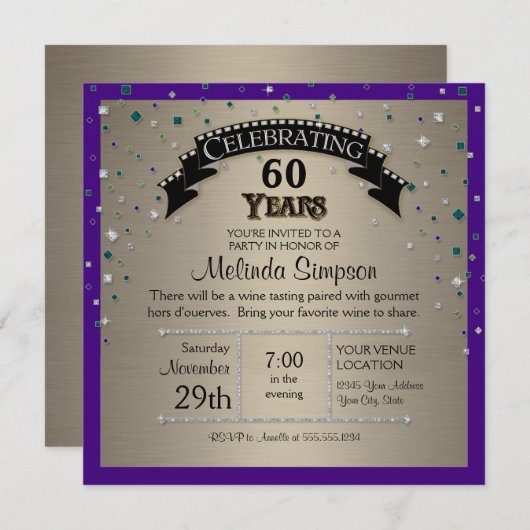 偽物の宝石が散らばるパーティー　誕生日のお祝い 招待状 (正面/裏面)