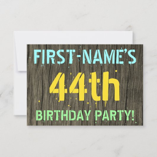 偽物の木、塗装されたテキストの外観、44歳の誕生日+名前 招待状 (正面)
