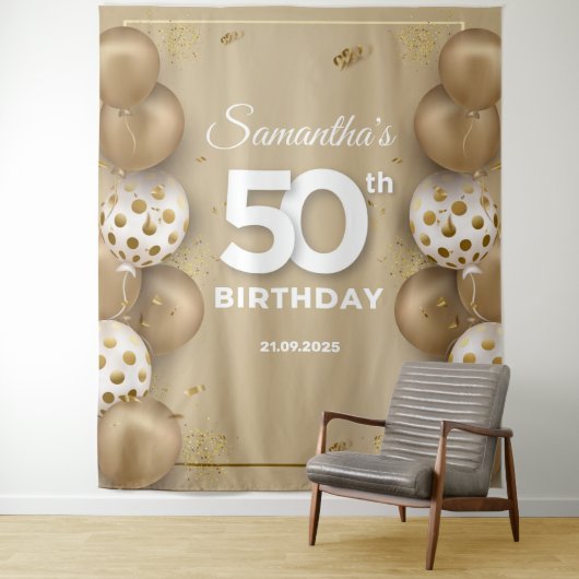 偽物の金と白の風船 50歳の誕生日 タペストリー (インサイチュ)