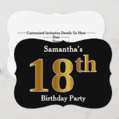 偽物の金に見える18歳の誕生日パーティー + オーダーメイドの名前 招待状 (正面/裏面)