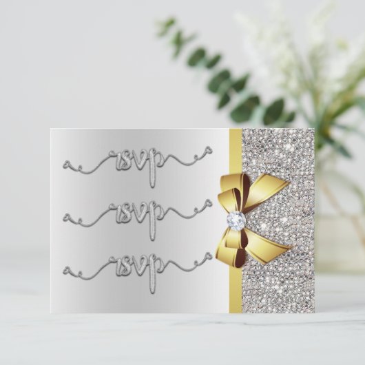 偽物の金のリボン 銀のスパンコール ウェディング RSVP (スタンド正面)