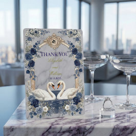 偽物の金の弓 ネイビーブルーのスワン 大理石効果 サンキューカード