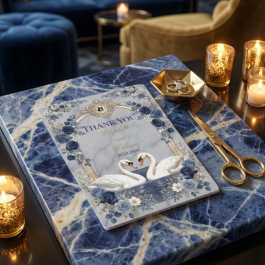偽物の金の弓 ネイビーブルーのスワン 大理石効果 サンキューカード