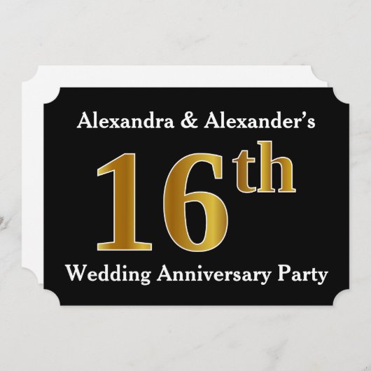 偽物の金の装いの16周年結婚記念日パーティー 招待状 (正面/裏面)