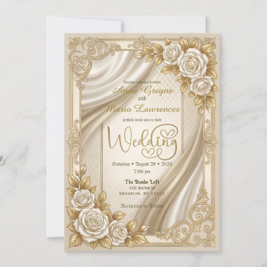 偽物の金の飾りを用いたサテンのドレープのフォーマルなウェディングドレス 招待状 (正面)