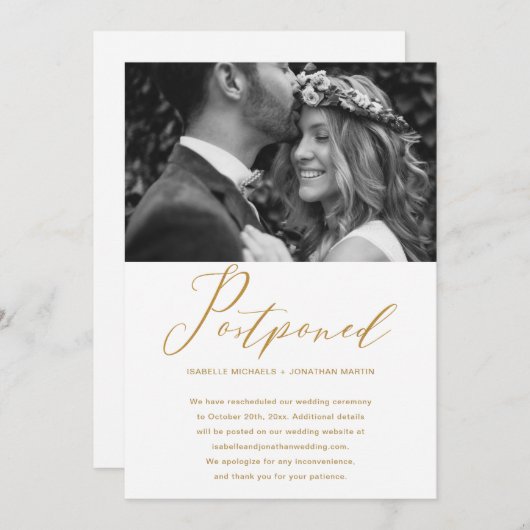 偽物の金を使った結婚式延期のお知らせ 新しい日付の写真 案内状 (正面/裏面)