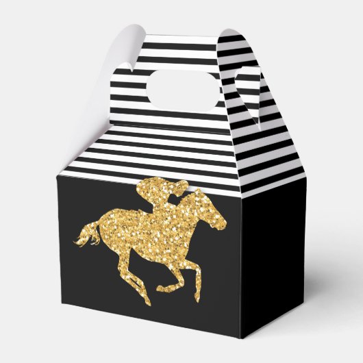 偽物の金グリッターのレースホース ブラック&ホワイトのストライプ フェイバーボックス (正面サイド)