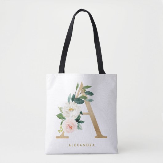 偽物の金箔が美しい花柄のイニシャルAモノグラム トートバッグ (正面)