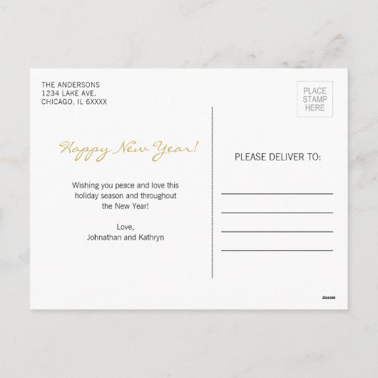 偽物の金箔で彩られたニューイヤーの写真ポストカード シーズンポストカード (裏面)