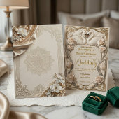 偽物の金箔とサテンの錯覚バロックのスワン 招待状