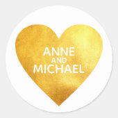 偽物の金箔のラブハート（新婦新郎の名前入り） ラウンドシール (正面)