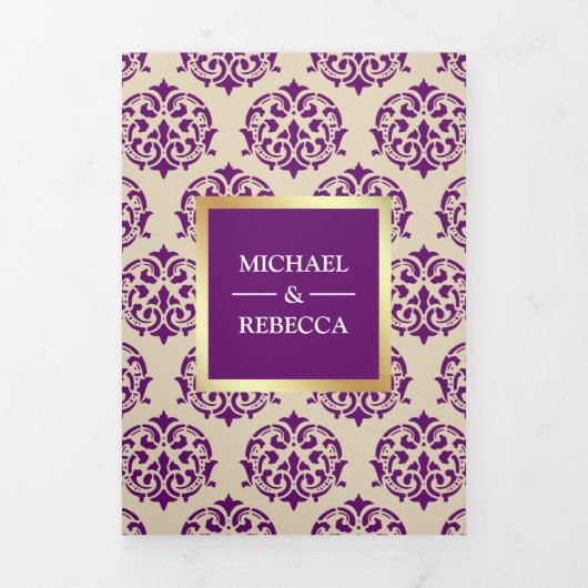 偽物の金箔の紫色のダマスク柄の結婚式の写真 三つ折り招待状 (カバー)