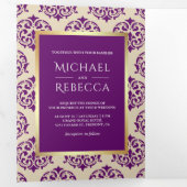 偽物の金箔の紫色のダマスク柄の結婚式の写真 三つ折り招待状 (内部最初)