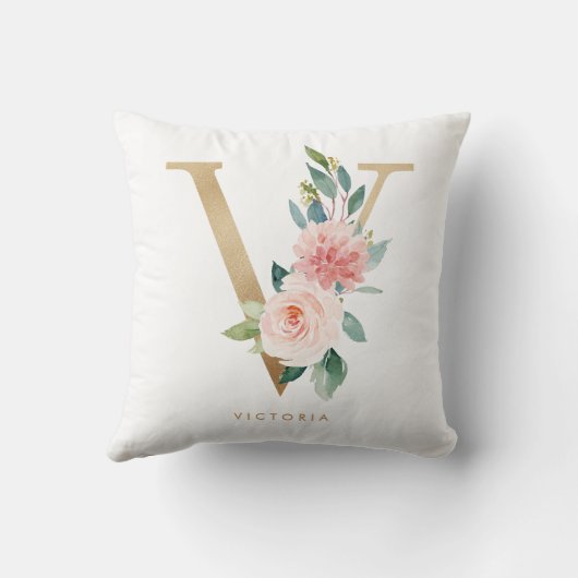 偽物の金箔の花模様のイニシャルVのベビー用部屋 クッション (裏面)