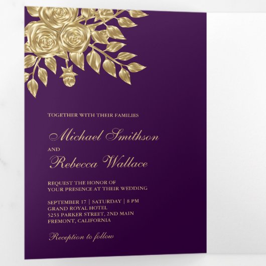 偽物の金箔の葉の花模様の紫色の結婚式 三つ折り招待状 (内部最初)