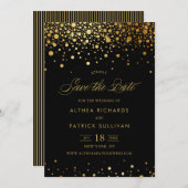 偽物の金箔の輝く紙吹雪(コンフェッティ)| 黒の「Save the Date(結婚式などの予定を事前 セーブザデート (正面/裏面)