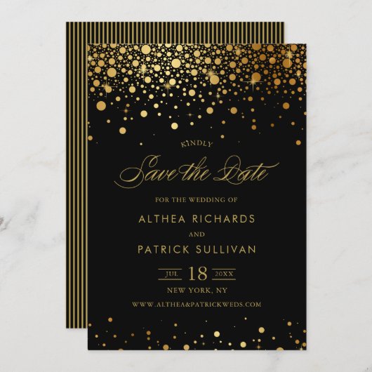 偽物の金箔の輝く紙吹雪(コンフェッティ)| 黒の「Save the Date(結婚式などの予定を事前 セーブザデート (正面/裏面)