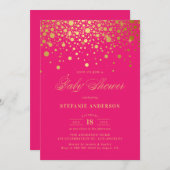 偽物の金箔コンフェッティ ホットピンクのベビーシャワー 招待状 (正面/裏面)