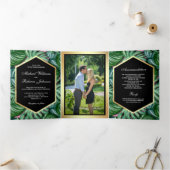 偽物の金箔 熱帯ヤシの葉の写真 ウェディング 三つ折り招待状 (内部)