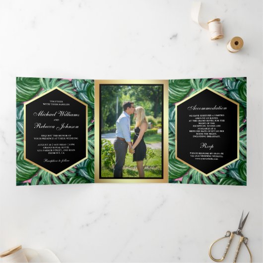 偽物の金箔 熱帯ヤシの葉の写真 ウェディング 三つ折り招待状 (内部)