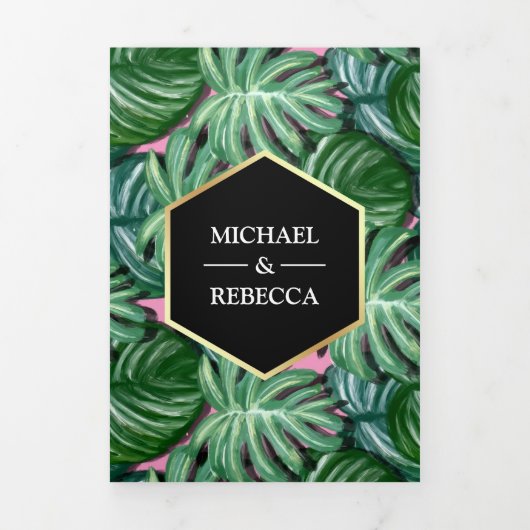 偽物の金箔 熱帯ヤシの葉の写真 ウェディング 三つ折り招待状 (カバー)