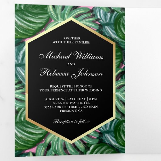 偽物の金箔 熱帯ヤシの葉の写真 ウェディング 三つ折り招待状 (内部最初)