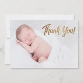 偽物の金色の感謝のメッセージが書かれたスクリプト ベイビーの写真 出生 案内状 (正面)