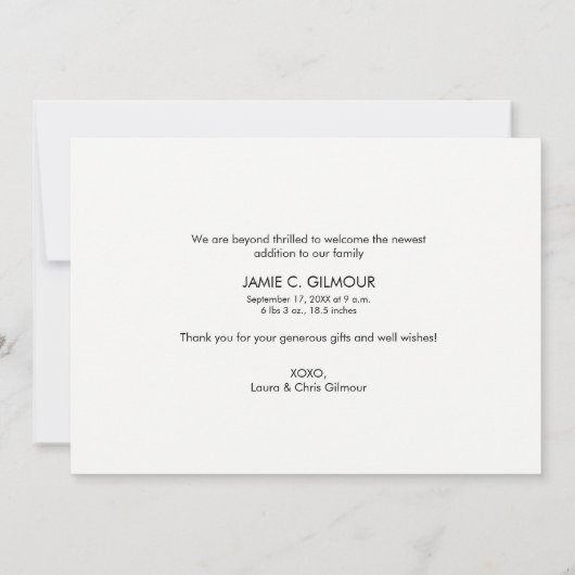 偽物の金色の感謝のメッセージが書かれたスクリプト ベイビーの写真 出生 案内状 (裏面)