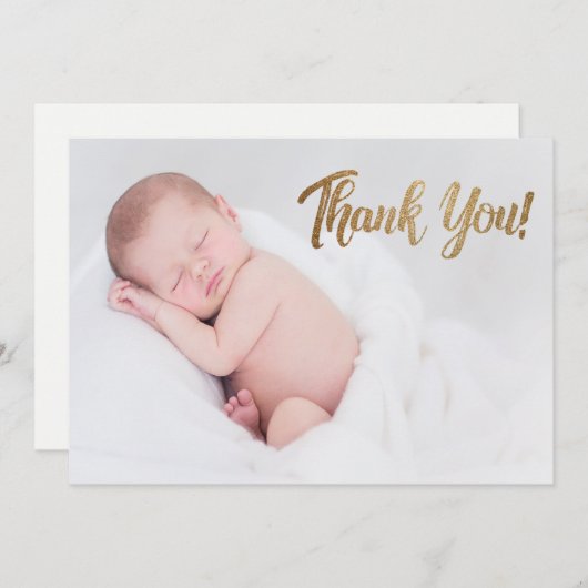 偽物の金色の感謝のメッセージが書かれたスクリプト ベイビーの写真 出生 案内状 (正面/裏面)
