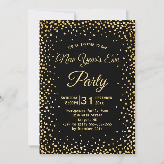 偽物の金色の紙吹雪 新年のお祝いパーティー 招待状 (正面)