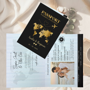 偽物の金色の結婚式招待状 航空券とパスポート風デザイン 招待状