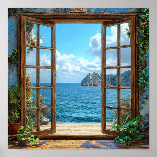 偽窓 海の景色 窓辺 ビーチの装飾 🎁 ポスター (正面)